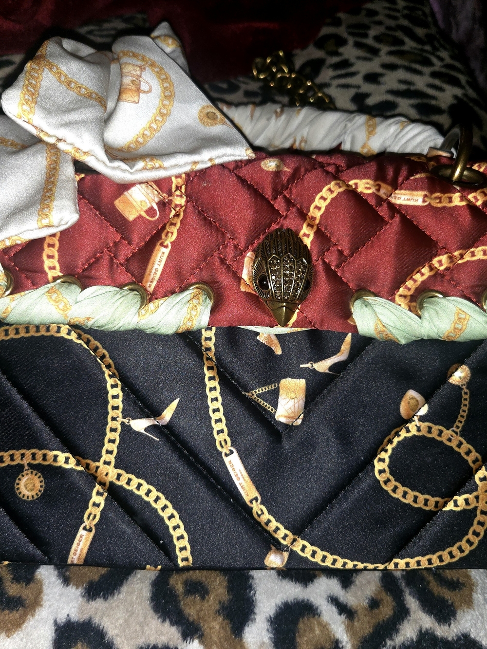 Kurt Geiger Quilted Chain-Print Shoulder Bag in Burgundy, Black, Gold